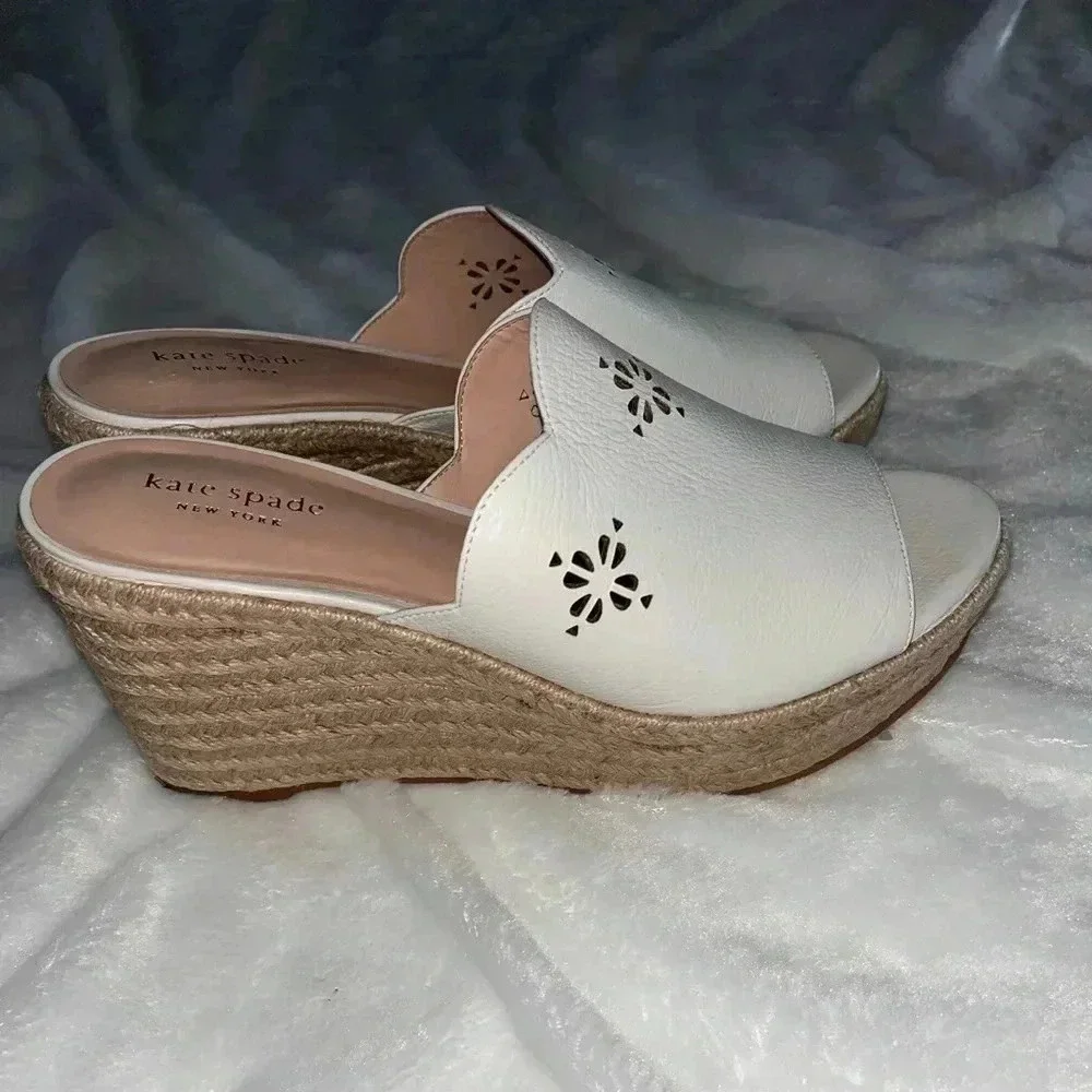 Kate Spade New York Tia Espadrille Wedge Leather Sandals White 9